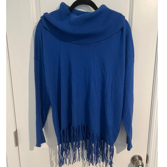 Michael Kors Long Sleeve Drape Cowl Neck Fringe Hem Knit Sweater Blue Women's 0X - Picture 2 of 7